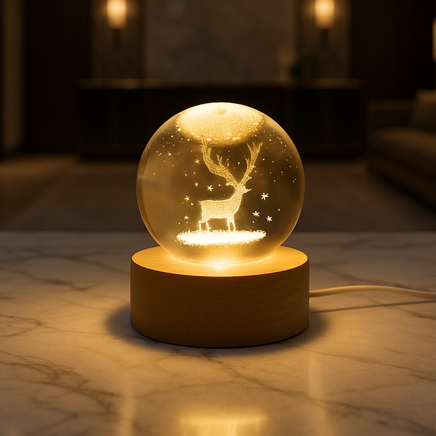 Mela Crystal Ball Night Light Glass Ball Night Lamp With Wood Base